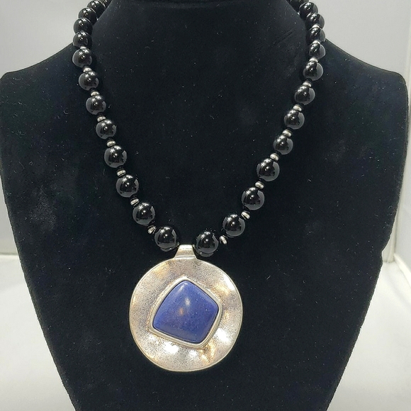 The Sak Metal & Stone Pendant Graduated Bead Necklace , reversible ,Black/Silver - Picture 1 of 4